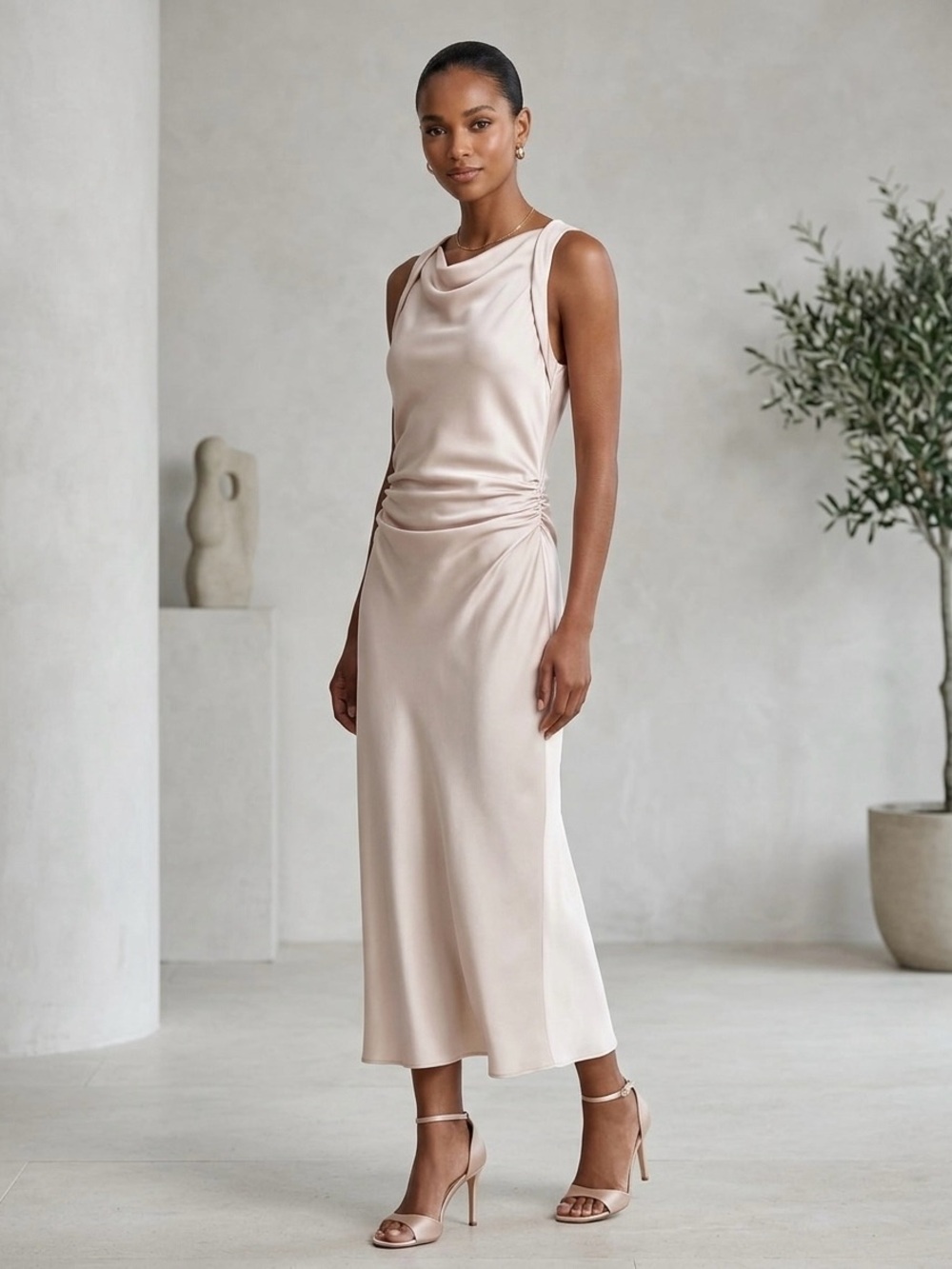 Zara Blogger Favorite Satin Ruched Slip Dress Size XS Champagne Minimalist Chic